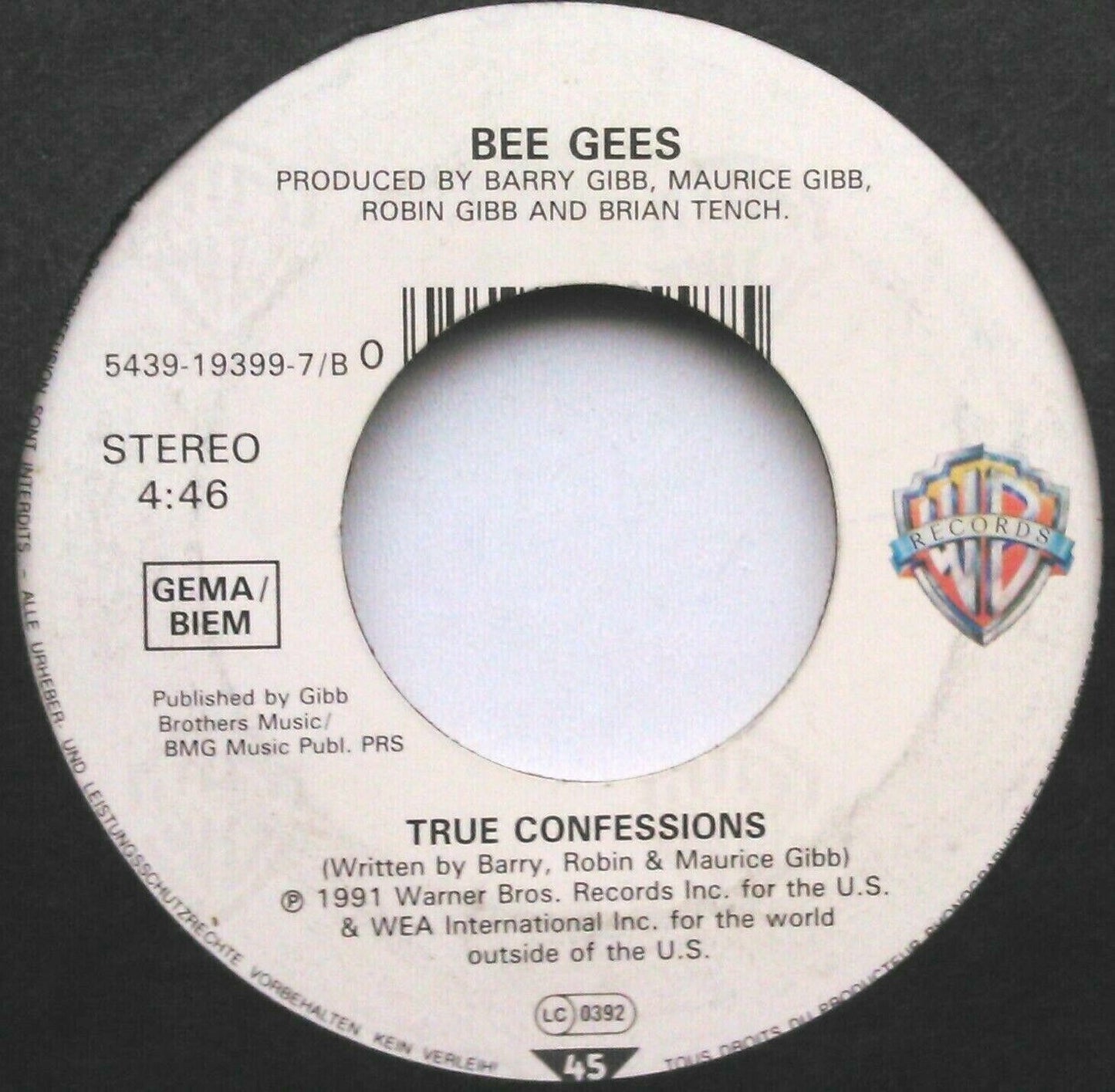 Bee Gees – Secret Love (WB, 1991) 7" vinyl single VG/- jukebox centre