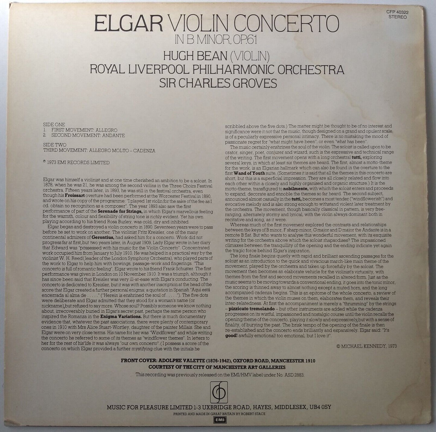 Elgar, Bean, RPO - Violin Concerto In B Minor Op.61 (EMI) 12" vinyl LP VG/G+