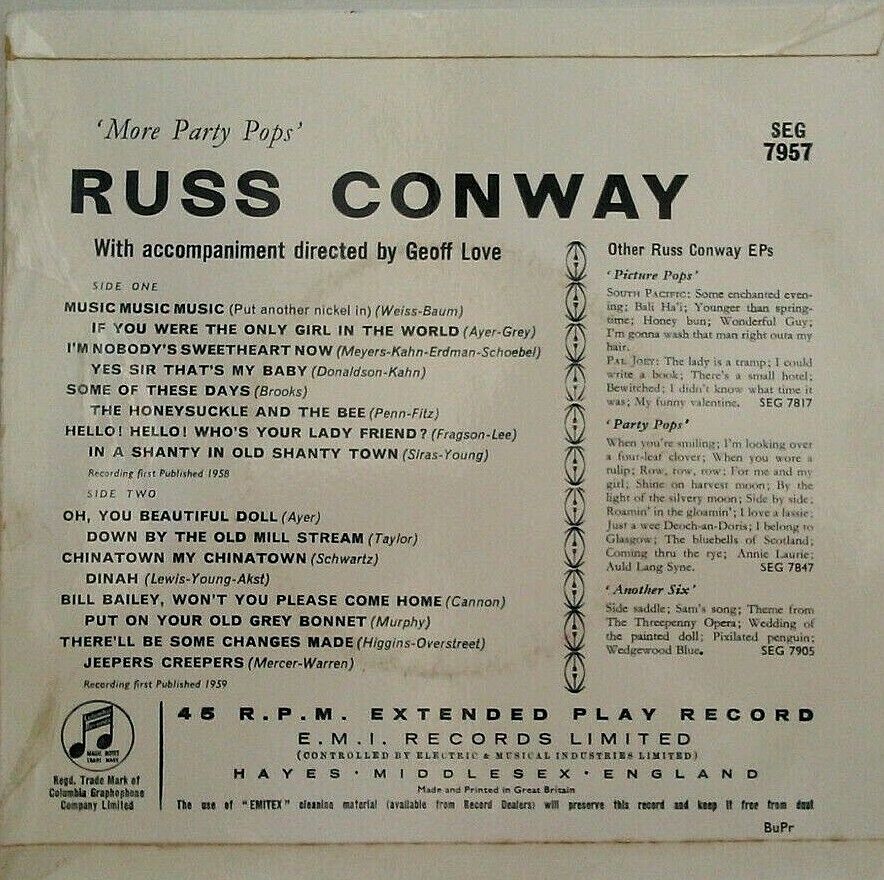 Russ Conway – More Party Pops (Columbia, 1959) 7" vinyl EP VG/VG