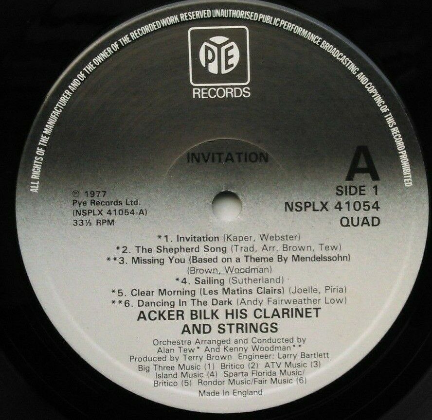 Acker Bilk His Clarinet And Strings – Invitation (Pye, 1977) 12" vinyl LP VG/VG