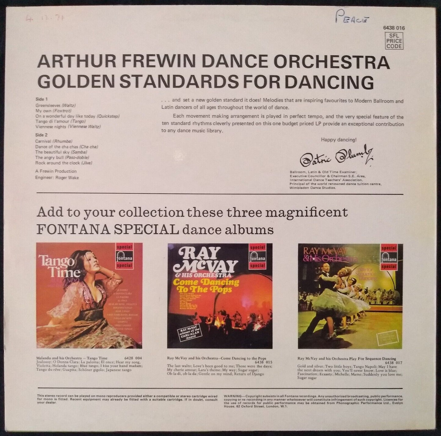 Arthur Frewin Dance Orchestra - Golden Standards for Dancing (1970) 12" LP VG/VG