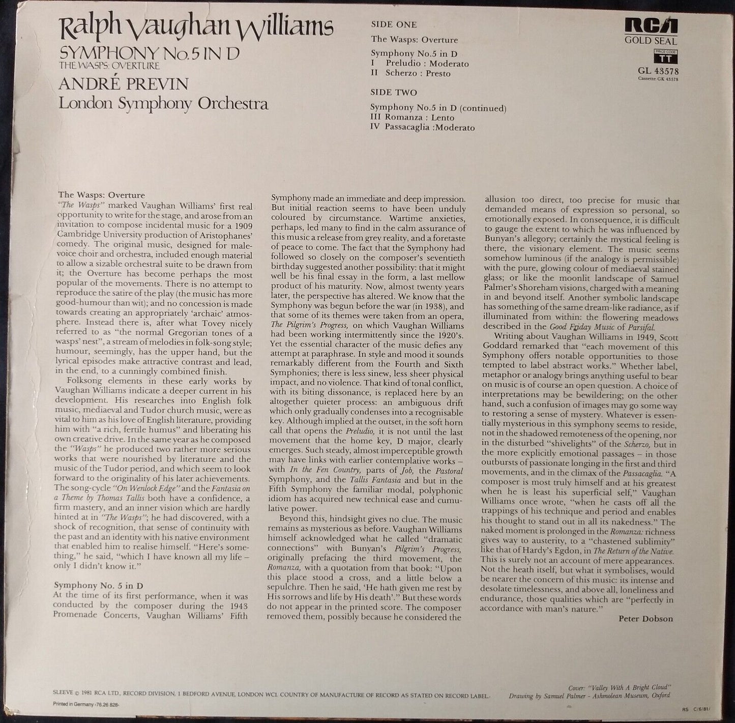 Vaughan Williams, Previn, LSO - Symphony No. 5 (RCA 1981) 12" vinyl LP VG/VG