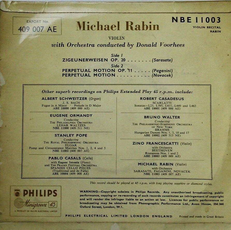 Michael Rabin - Zigeunerweisen, Op. 20,1 (Philips, 1955) 7" vinyl P/S EP VG/G+