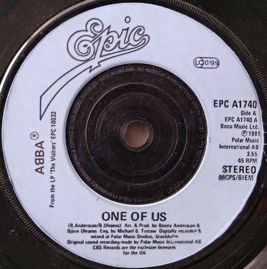 ABBA - One Of Us (Epic 1981) 7" vinyl single VG/-