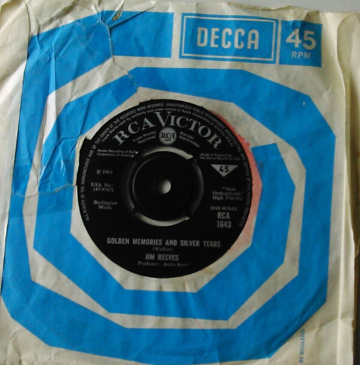 Jim Reeves – I Heard A Heart Break Last Night (RCA, 1967) 7" vinyl single VG/-