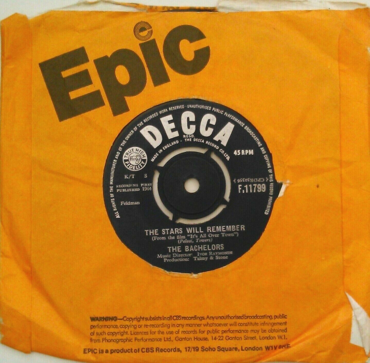 The Bachelors – Diane (Decca, 1964) 7" vinyl single G+/-