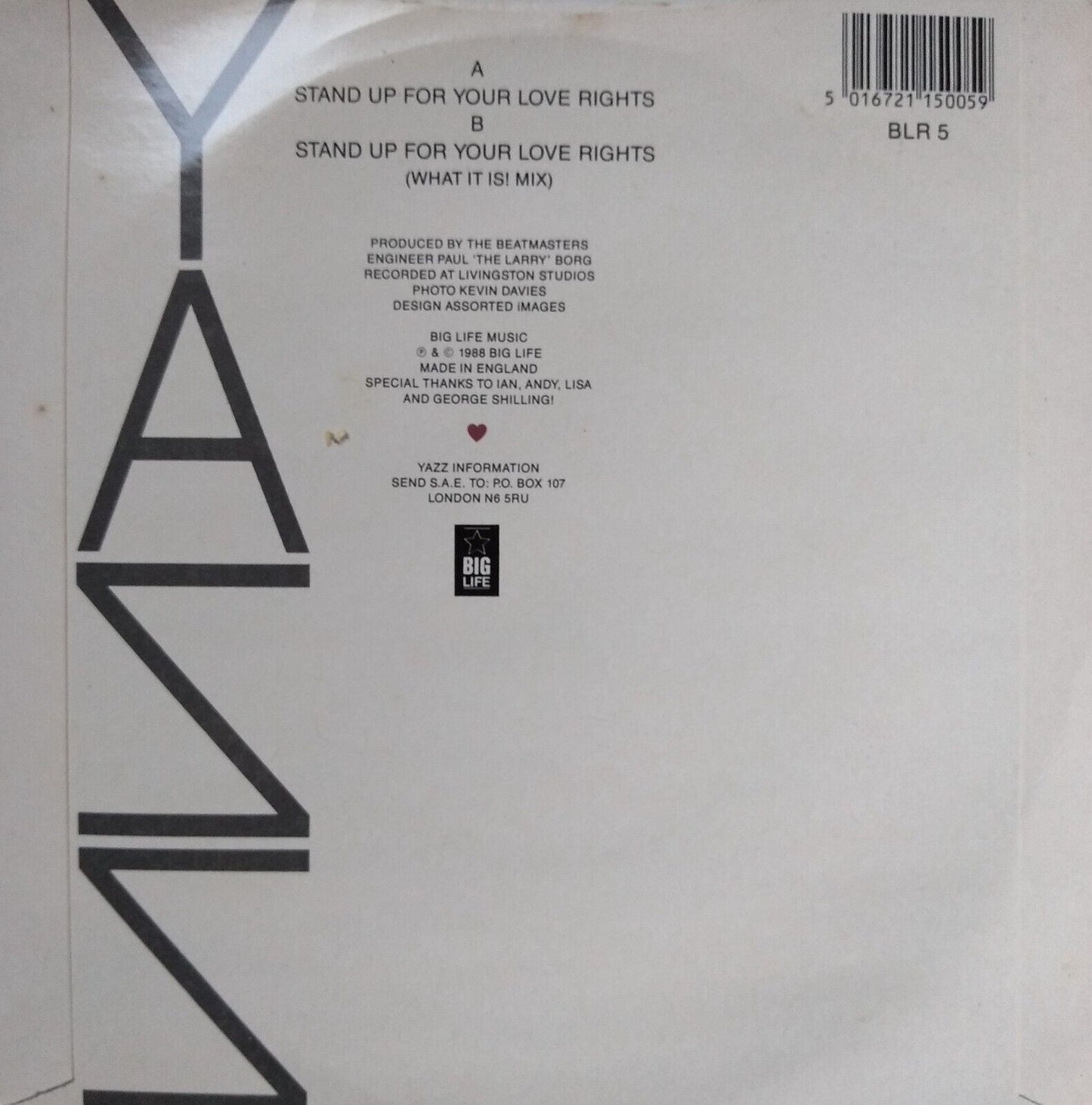 Yazz - Stand Up For Your Love Rights (Big Life, 1988) 7" vinyl single VG/VG