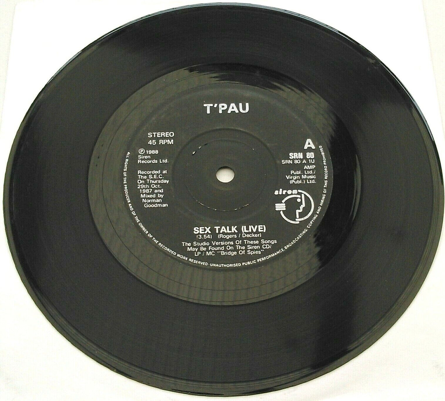 T'Pau – Sex Talk (Live) (Siren, 1988) 7" vinyl single VG/-