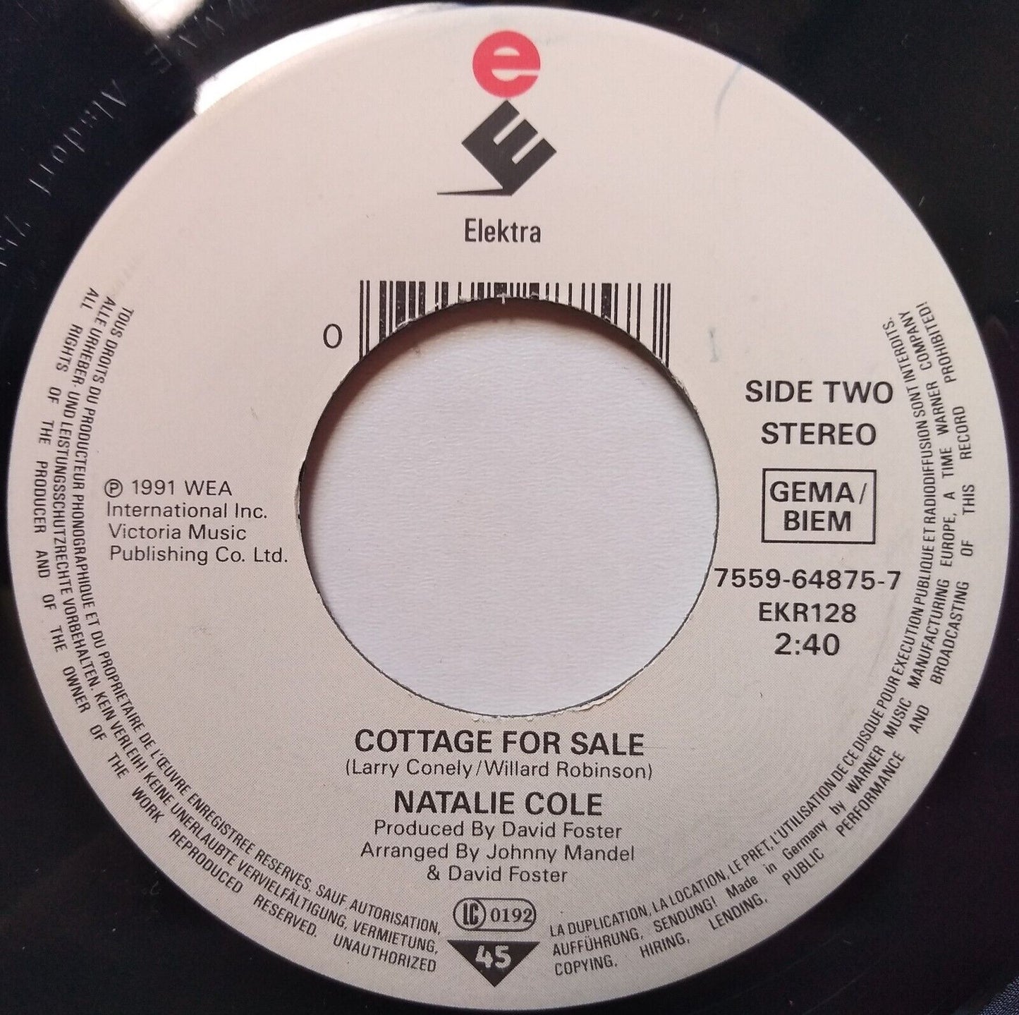 Natalie Cole & Nat King Cole - Unforgettable (Elektra 1991) 7" vinyl single VG/-