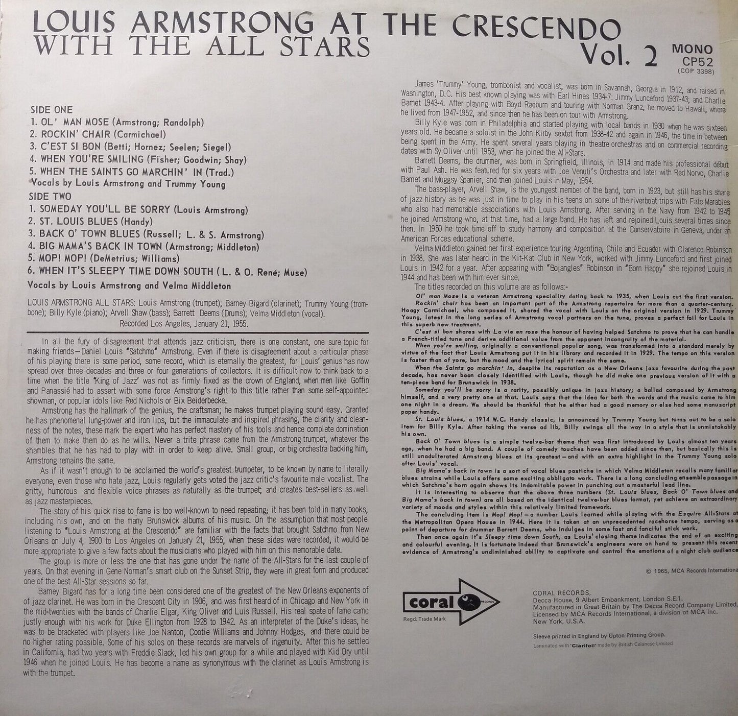 Louis Armstrong And His All-Stars – At The Crescendo Vol. 2 12" vinyl LP VG/VG