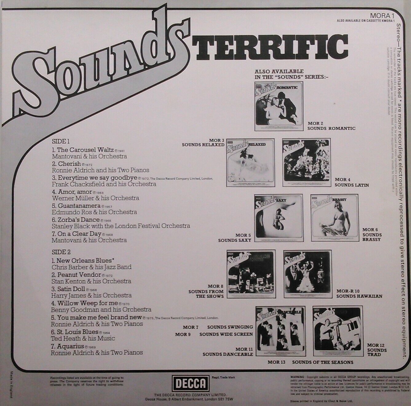 Various – Sounds Terrific (Decca, 1977) 12" vinyl LP VG/VG