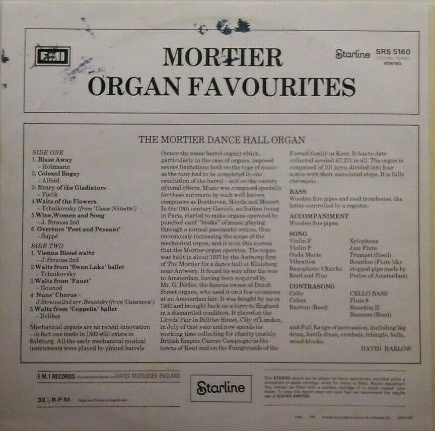 David Barlow presents Mortier Organ Favourites (1973) 12" vinyl LP VG/VG