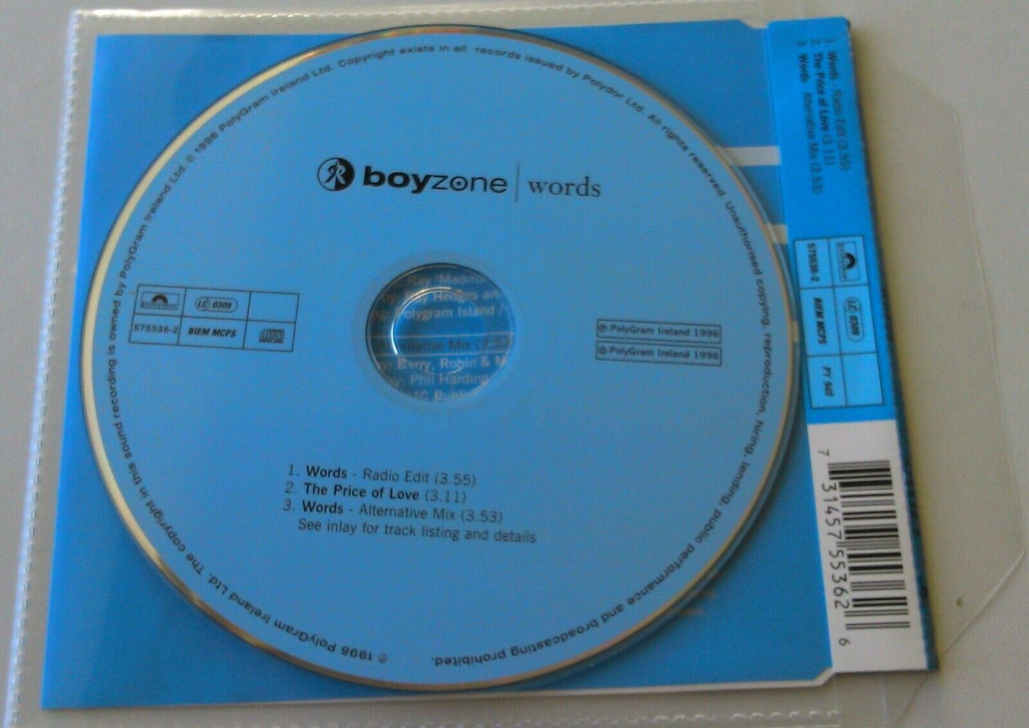 Boyzone ‎– Words (1996) CD single *no case - plastic wallet*