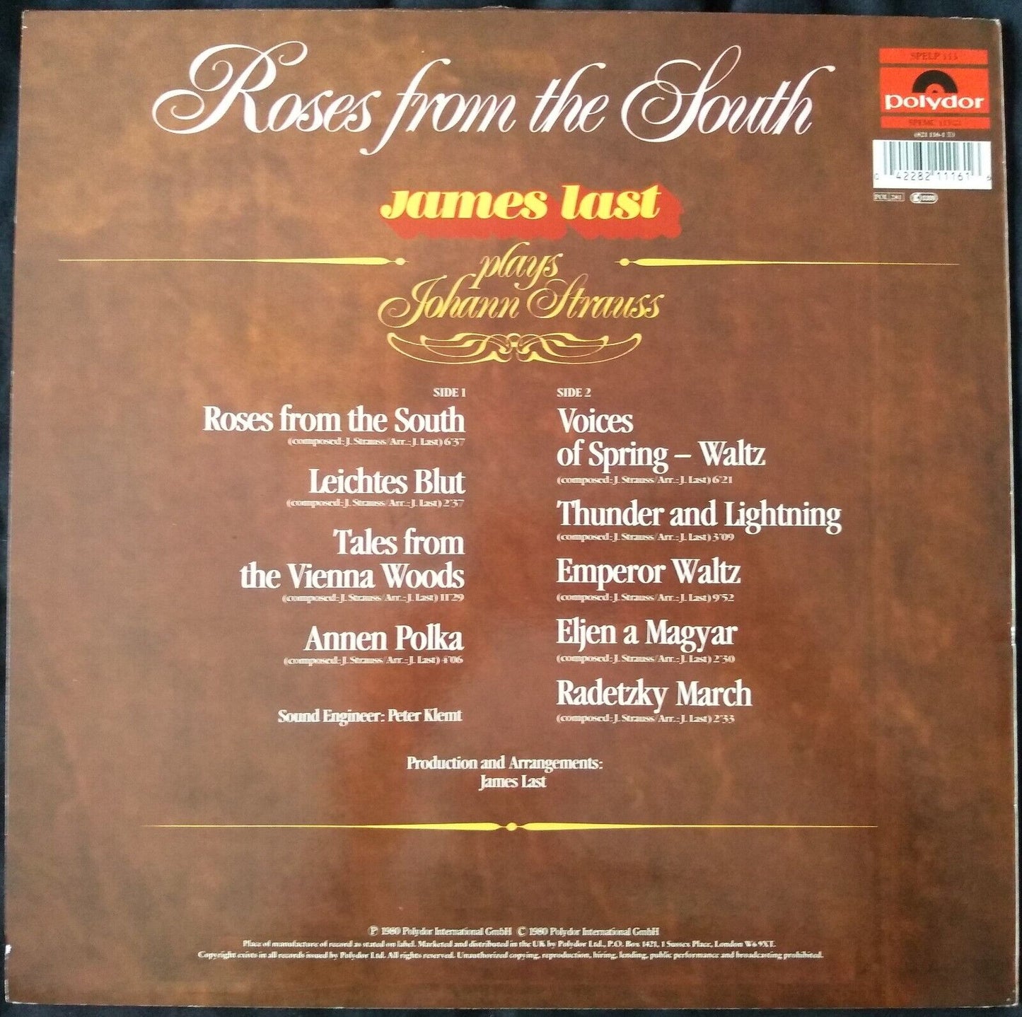 James Last – Roses From The South - James Last Plays Johann Strauss 12" LP VG