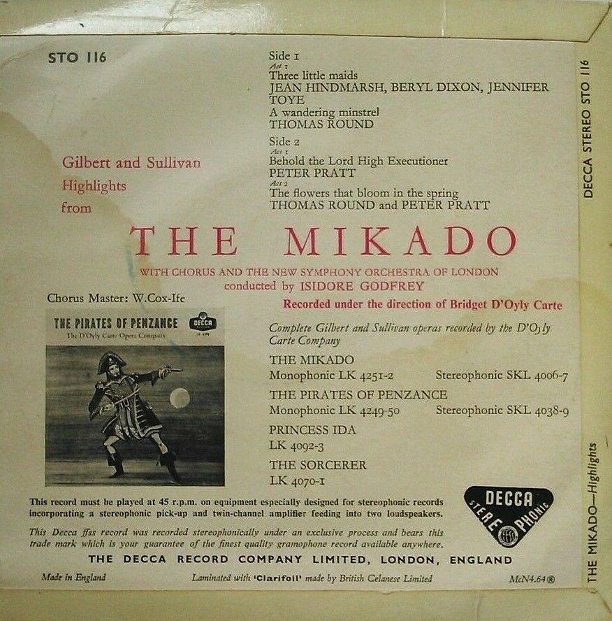 Gilbert And Sullivan - Highlights From The Mikado (Decca, 1960) 7" vinyl EP VG