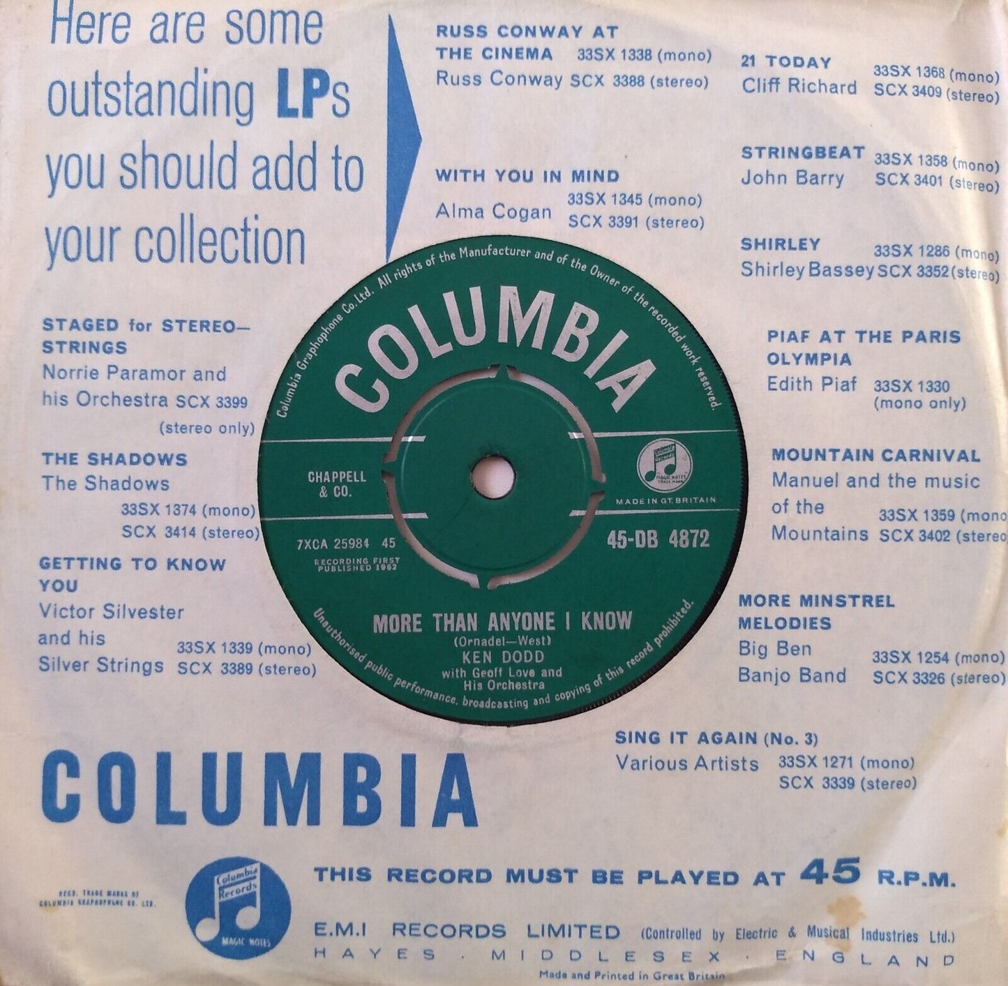 Ken Dodd - Come To Me (Columbia, 1962) 7" vinyl single VG/VG