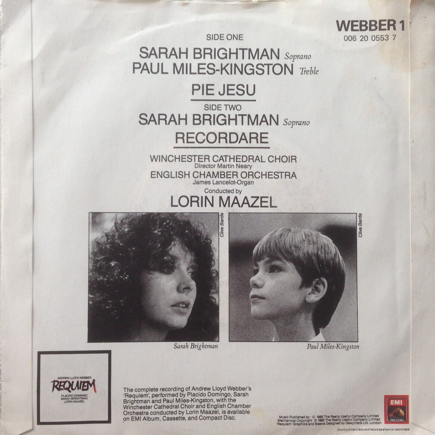 Sarah Brightman - Pie Jesu (HMV 1985) 7" vinyl single VG/VG