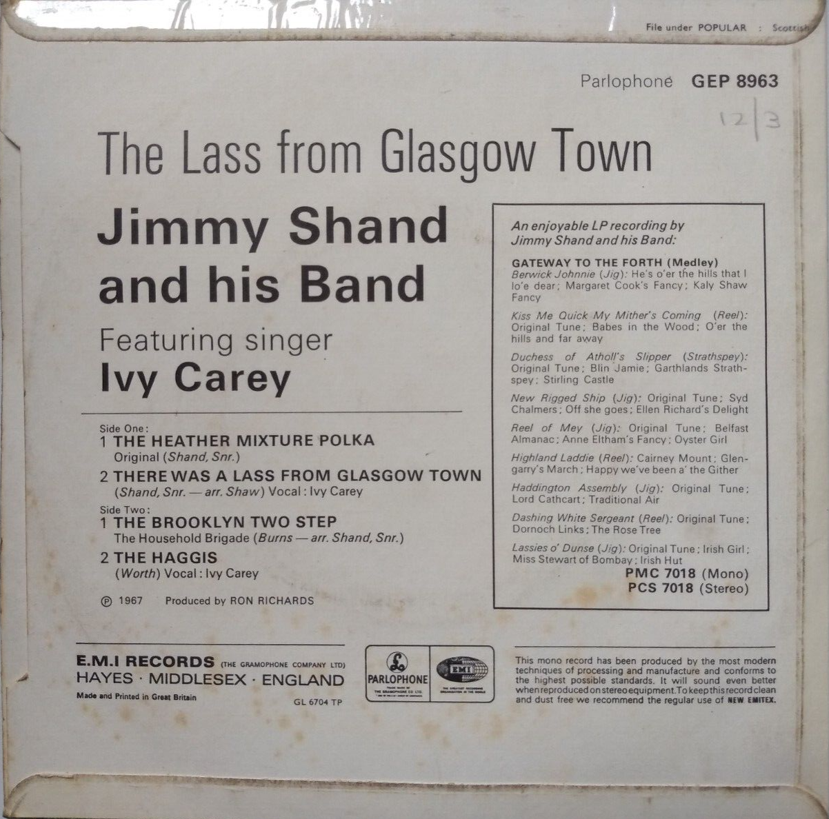 Jimmy Shand & His Band – The Lass From Glasgow Town (1967) 7" vinyl EP VG/VG