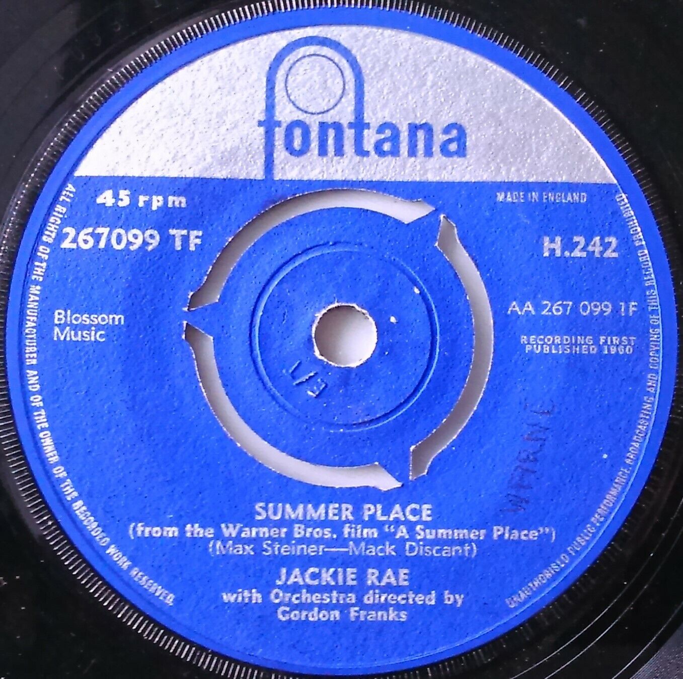 Jackie Rae – Summer Place (Fontana, 1960) 7" vinyl single VG/-