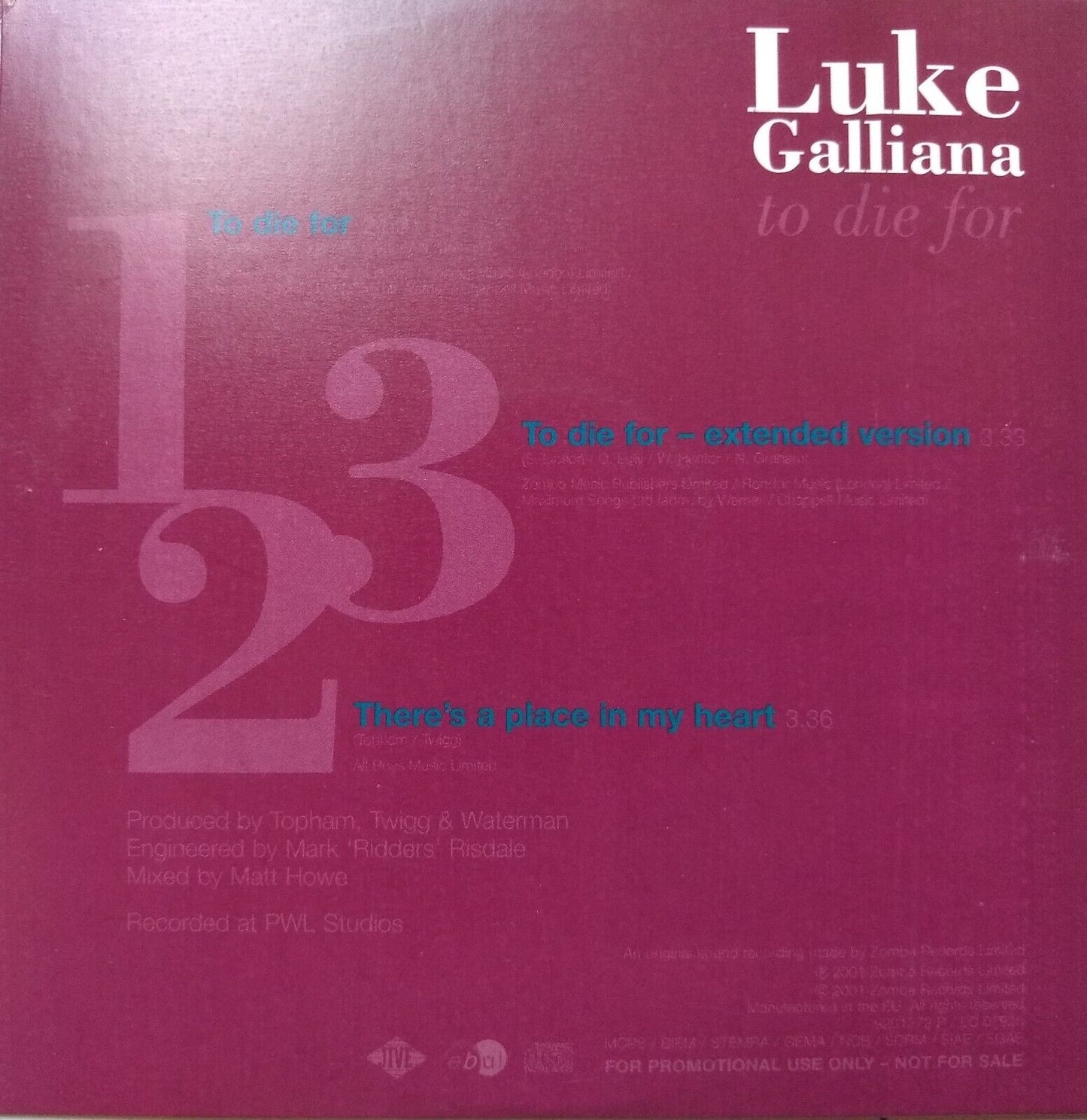 Luke Galliana - To Die For (2001) CD single promo