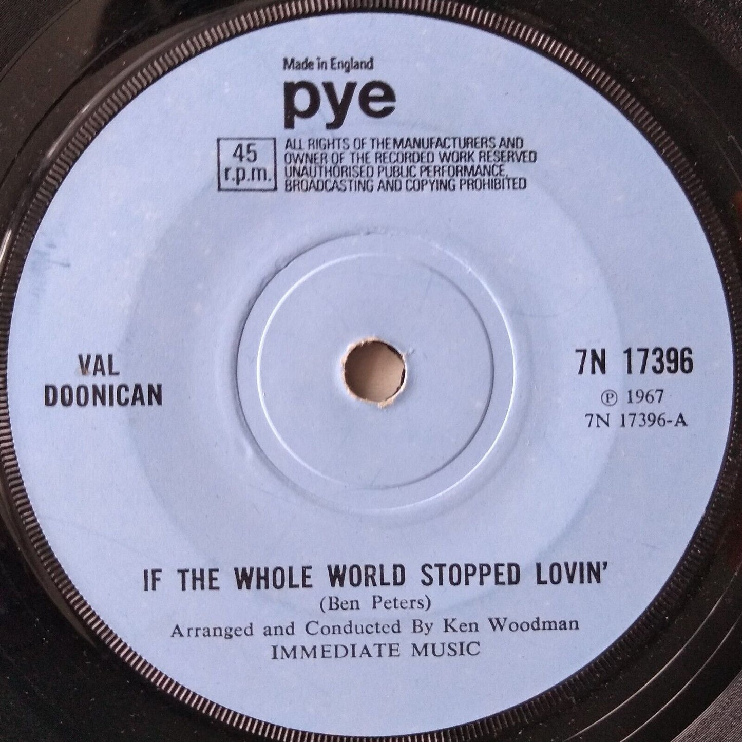 Val Doonican – If The Whole World Stopped Lovin' (Pye 1967) 7" vinyl single VG/-