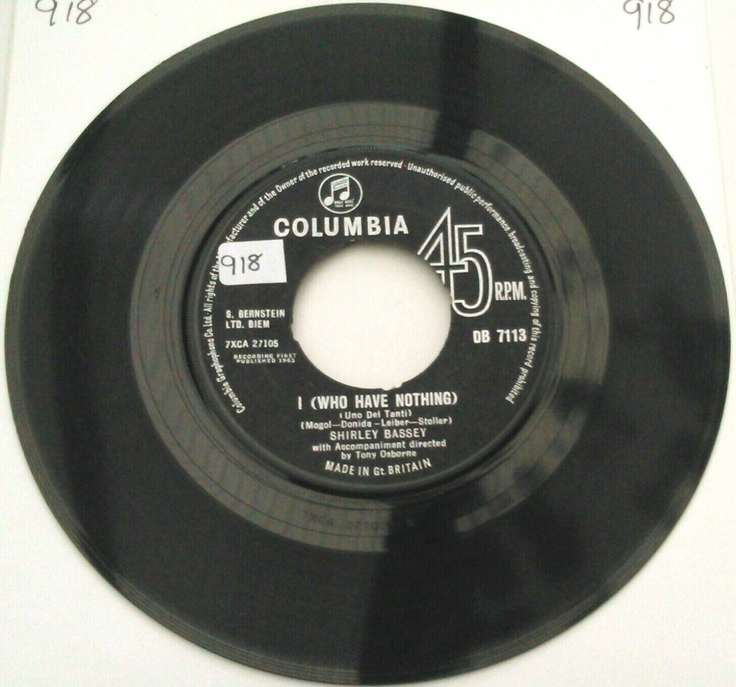 Shirley Bassey – I (Who Have Nothing) (Columbia, 1963) 7" vinyl single G+/-