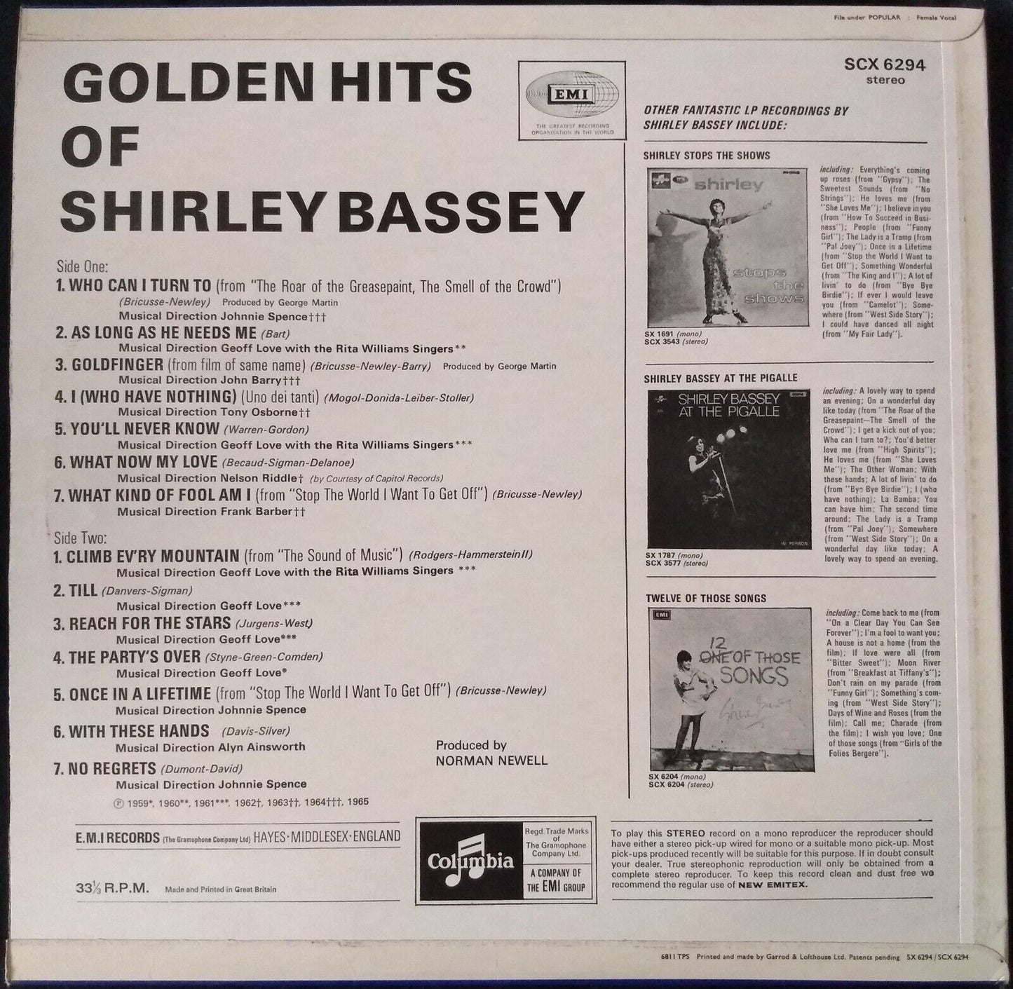 Shirley Bassey ‎– Golden Hits Of Shirley Bassey (Columbia) 12" vinyl LP VG/VG