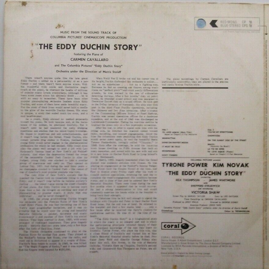 Carmen Cavallaro ‎– The Eddy Duchin Story (Coral, 1969) 12" vinyl LP VG/VG