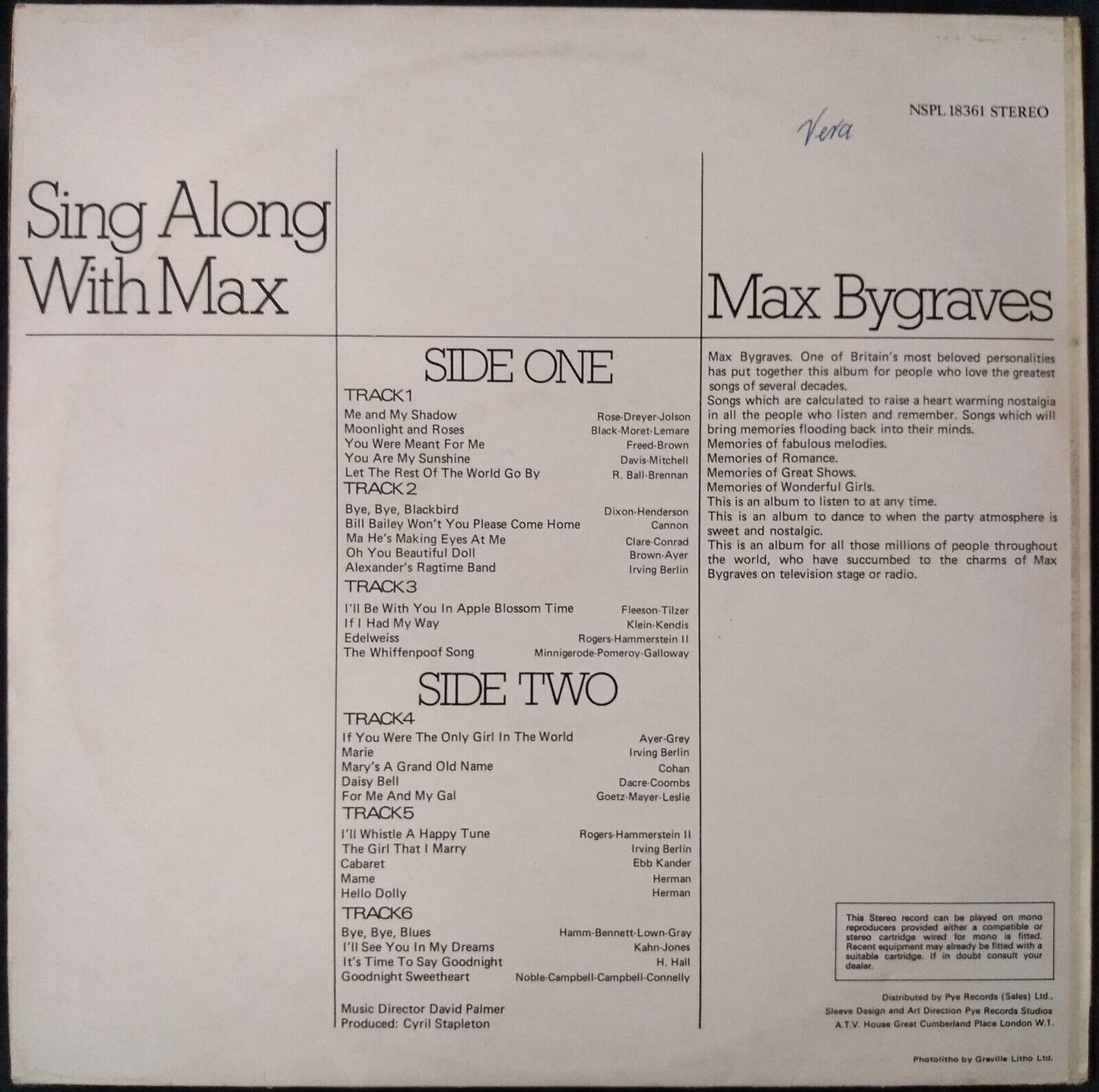 Max Bygraves – Sing Along With Max (Pye 1971) 12" vinyl LP  VG/VG