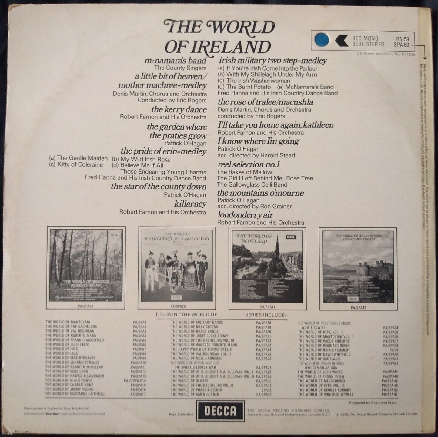 Various – The World Of Ireland (Decca 1970) 12" vinyl LP VG/VG