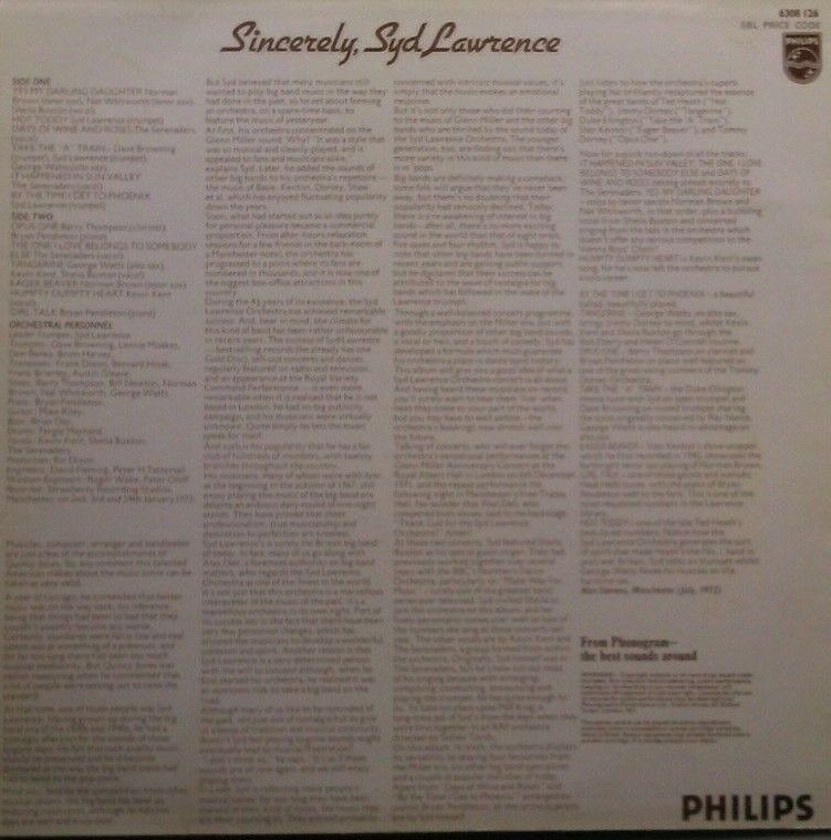 Sincerely Syd Lawrence - A Tribute To The Big Band Era (1972) 12" vinyl LP VG/VG