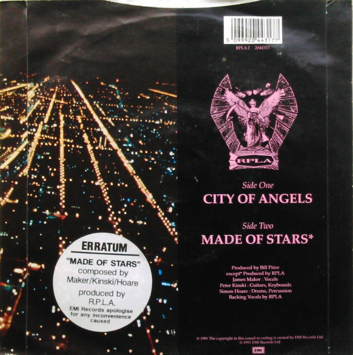 RPLA – City Of Angels (EMI, 1991) 7" vinyl P/S single VG/VG