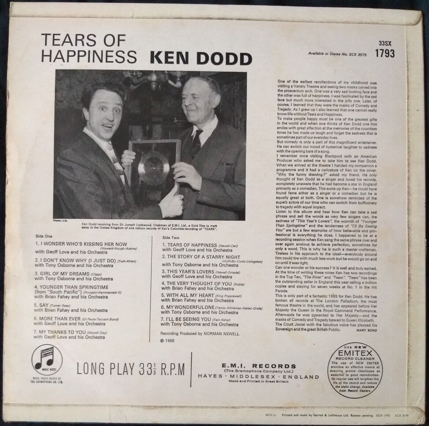 Ken Dodd - Tears Of Happiness (Columbia 1965)  12" vinyl LP VG/VG mono