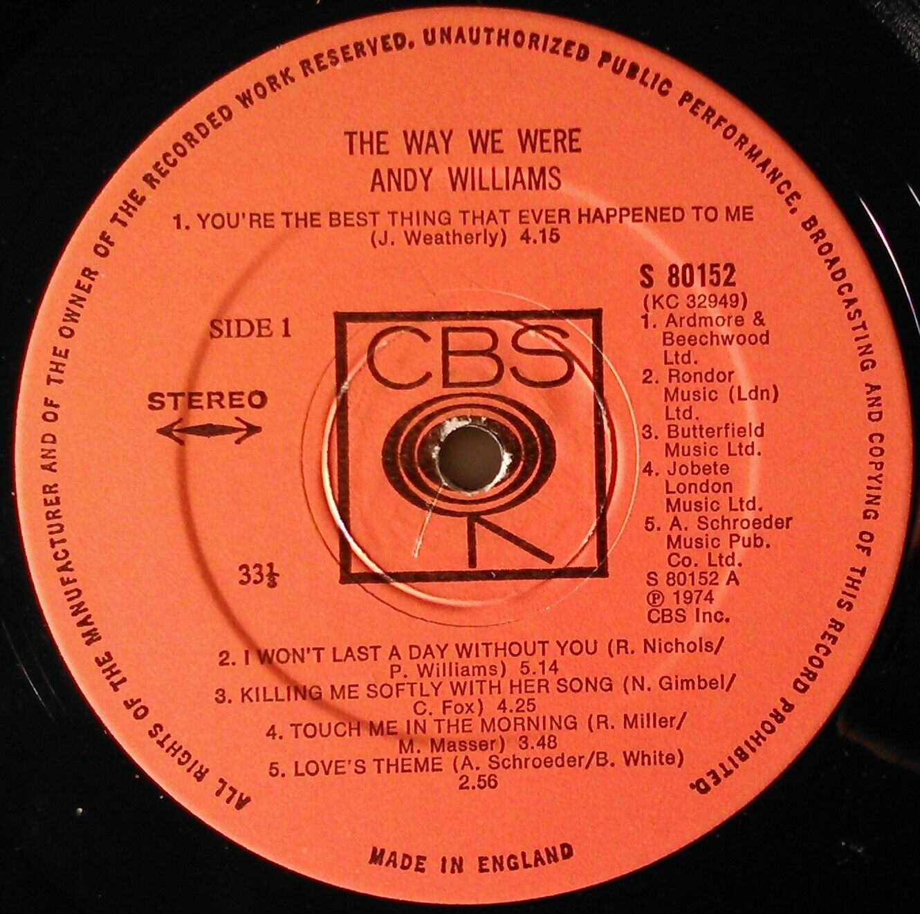 Andy Williams ‎– The Way We Were (CBS, 1974) 12" vinyl LP VG/VG