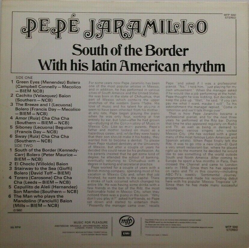 Pepé Jaramillo – South Of The Border (EMI, 1960) 12" vinyl LP VG/VG