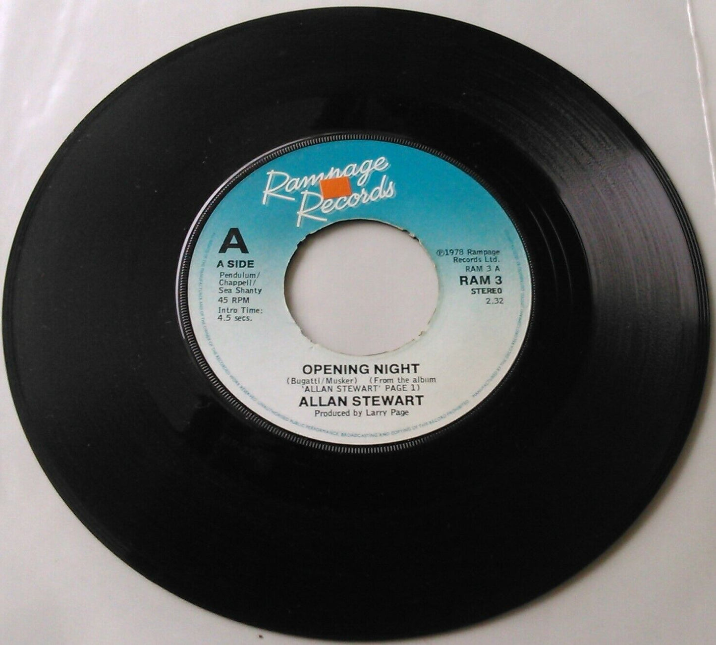 Allan Stewart – Opening Night (Rampage, 1978) 7" vinyl single VG/- jukebox