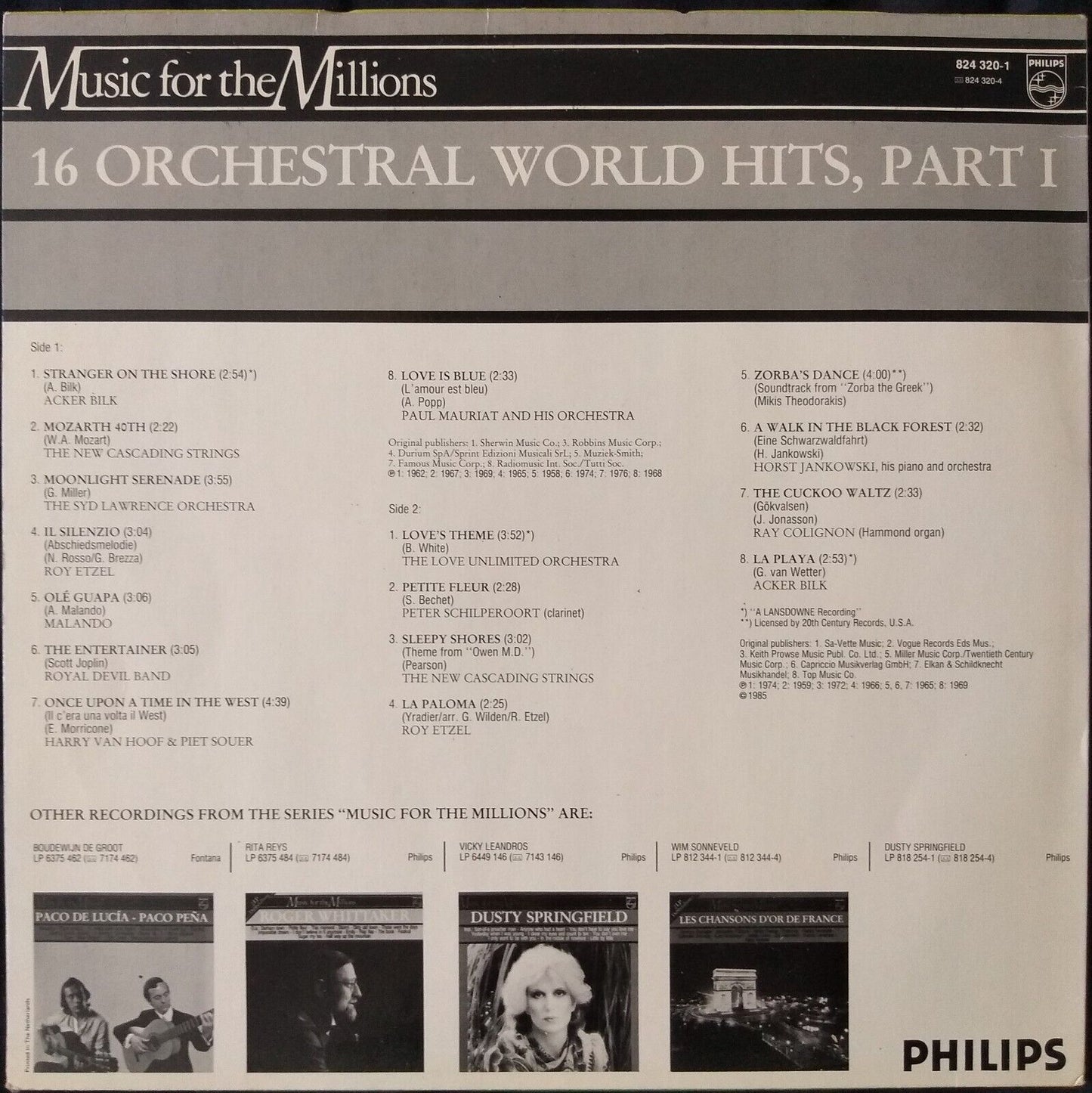 Various ‎– 16 Orchestral World Hits, Part 1 (Philips 1985) 12" vinyl LP VG/VG