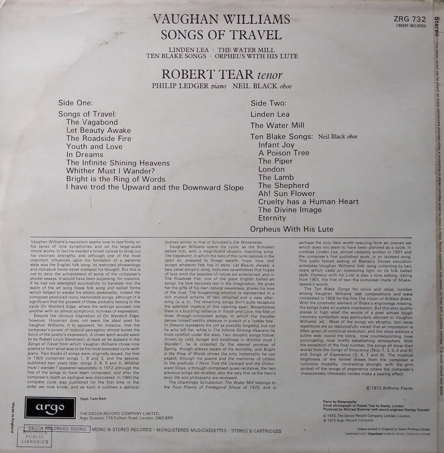 Vaughan Williams, Tear - Songs Of Travel (Argo 1972) 12" vinyl LP VG/VG