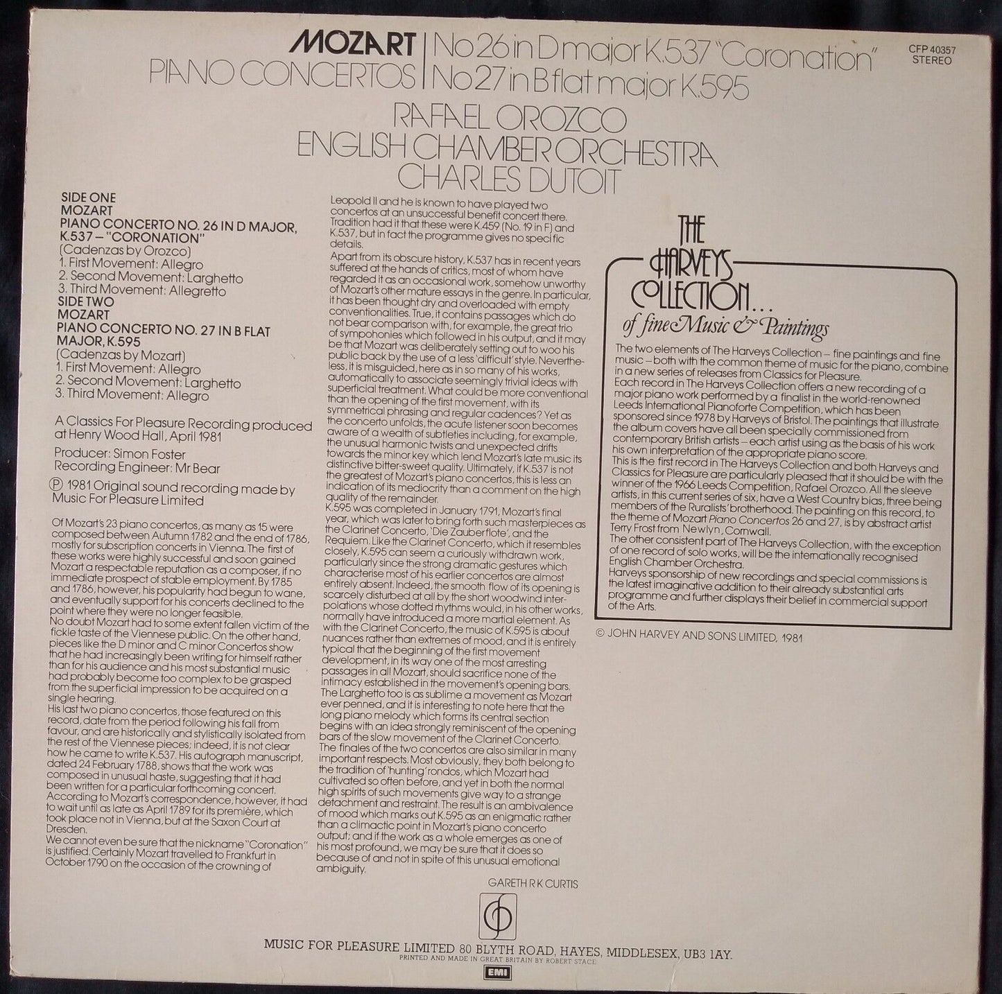 Mozart – Piano Concertos No. 26 and No. 27 (EMI 1981) 12" vinyl LP VG/VG