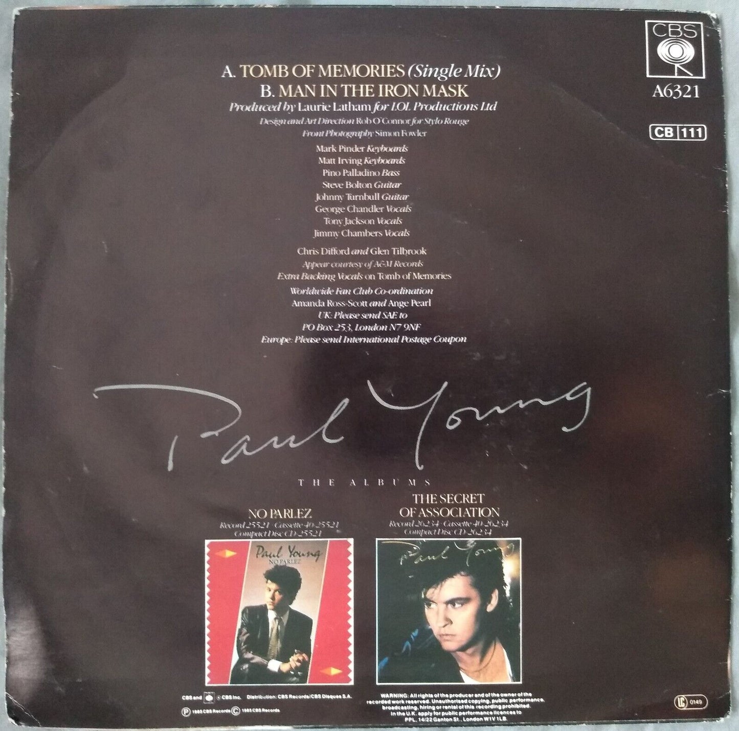 Paul Young – Tomb Of Memories (CBS, 1985) 7" vinyl P/S single VG/VG jukebox