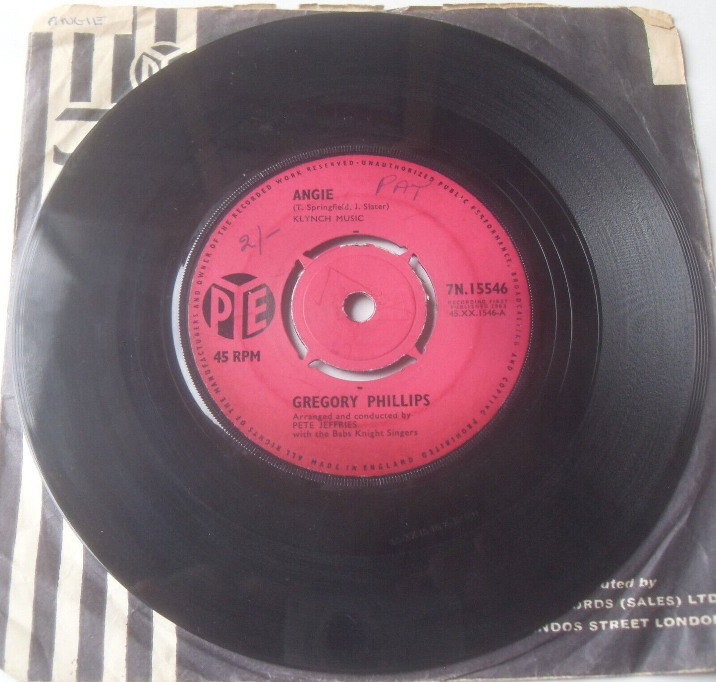 Gregory Phillips – Angie (Pye, 1963) 7" vinyl single VG/- Jimmy Page