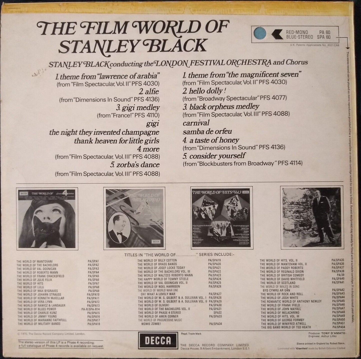 Stanley Black - The Film World Of Stanley Black (Decca 1970) 12" vinyl LP VG/VG