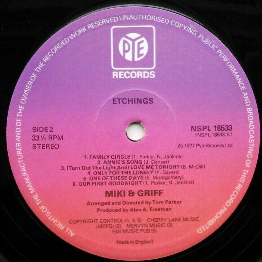 Miki & Griff – Etchings (Pye, 1977) 12" vinyl LP VG/VG