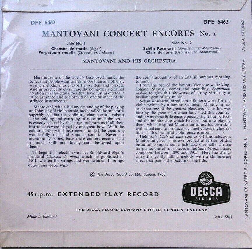 Mantovani And His Orchestra - Concert Encores (Decca,1958) 7" vinyl P/S EP VG/VG