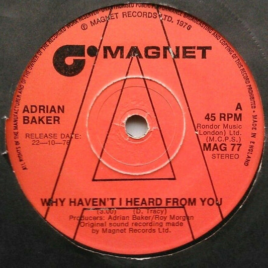 Adrian Baker – Why Haven't I Heard From You (1976) 7" vinyl single VG/- promo