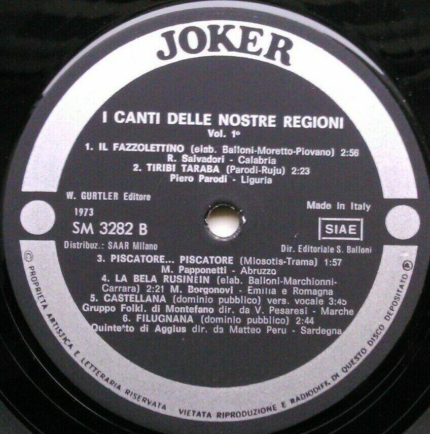 Various – I Canti Delle Nostre Regioni Vol. 1 (Joker, 1973) 12" vinyl LP VG/VG