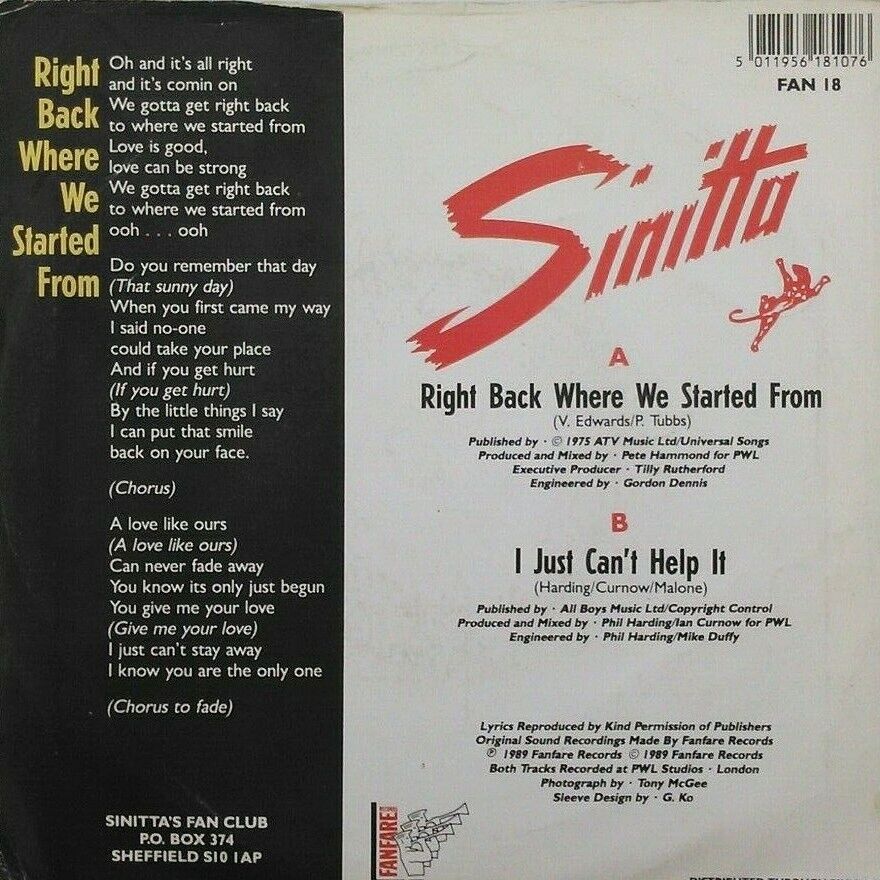 Sinitta – Right Back Where We Started From (Fanfare, 1989) 7" vinyl single VG/VG