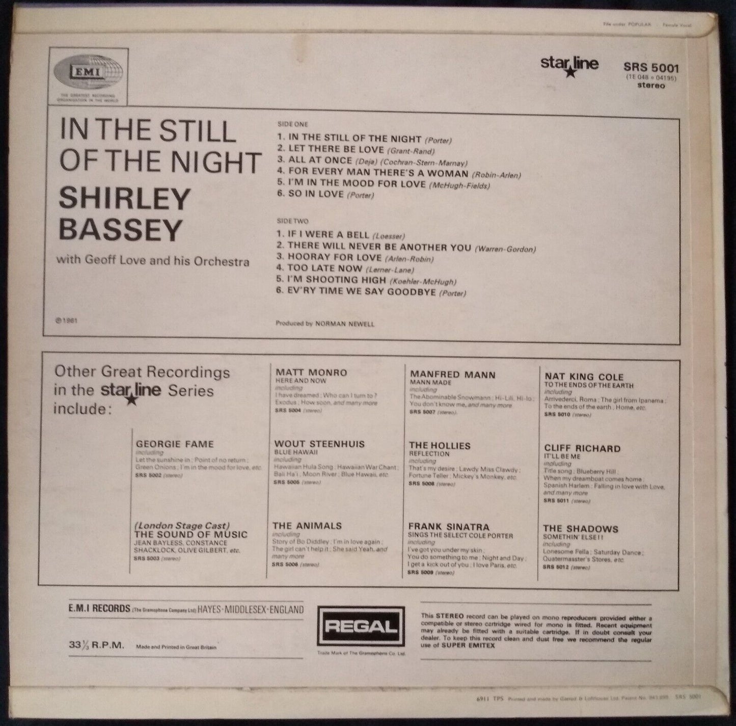 Shirley Bassey - In The Still of The Night (Starline) 12" vinyl LP VG/VG