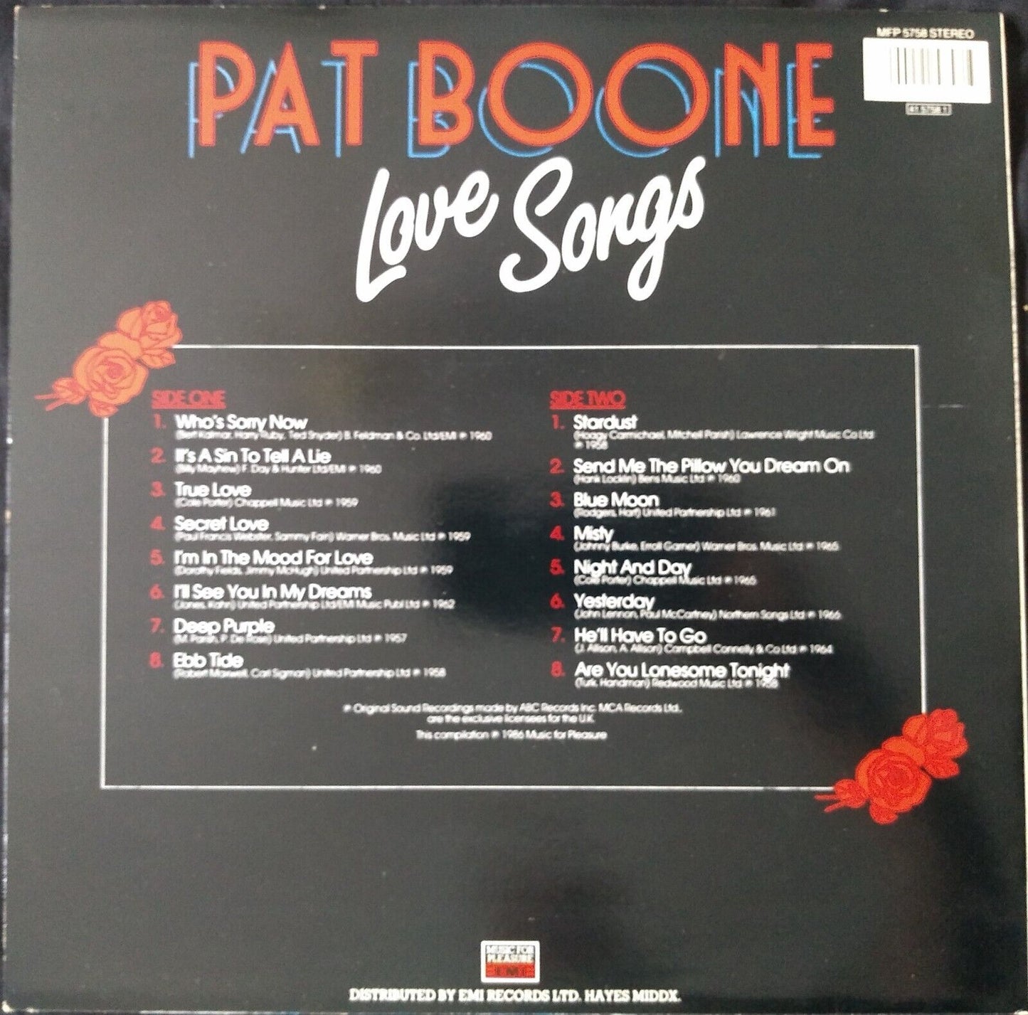 Pat Boone - Love Songs (EMI 1986) 12" vinyl LP VG/VG