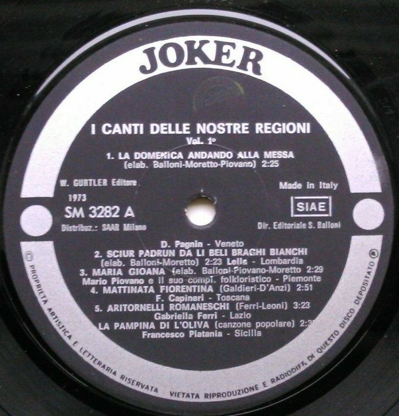 Various – I Canti Delle Nostre Regioni Vol. 1 (Joker, 1973) 12" vinyl LP VG/VG